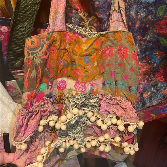 Natural Life Mini Ruffle Tote Bohemian Tote with Pom-Pom Fringe Tote Bag - Picture 11 of 11